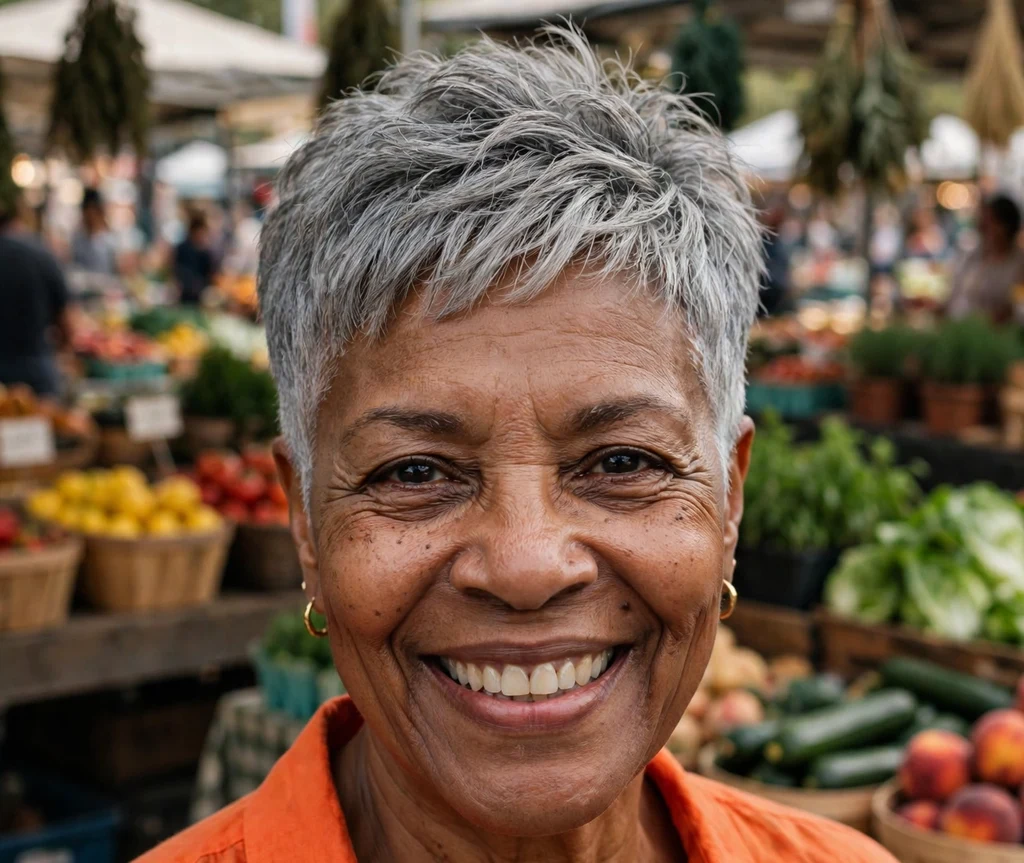 Woman in her 50s with a short gray pixie bob haircut at an outdoor market
