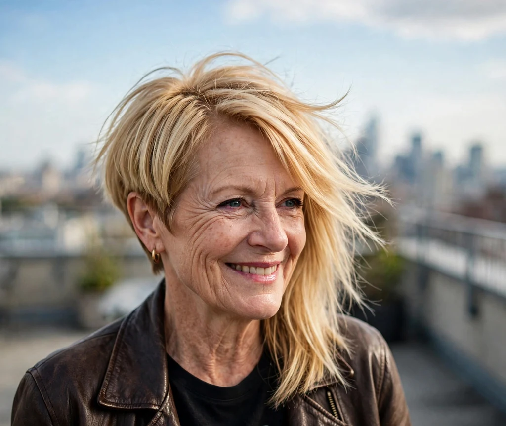 Woman in her 50s with a bold blonde asymmetrical bob on a rooftop terrace