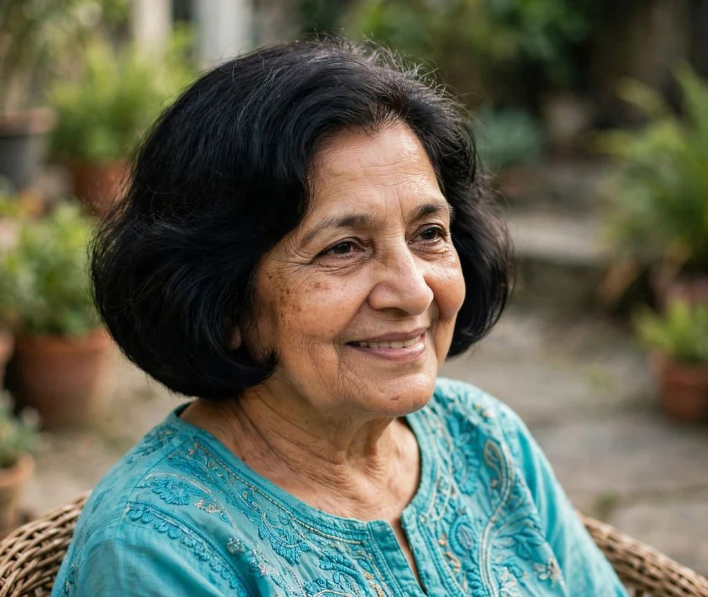 Woman in her 60s with a rounded voluminous black bob on a garden patio