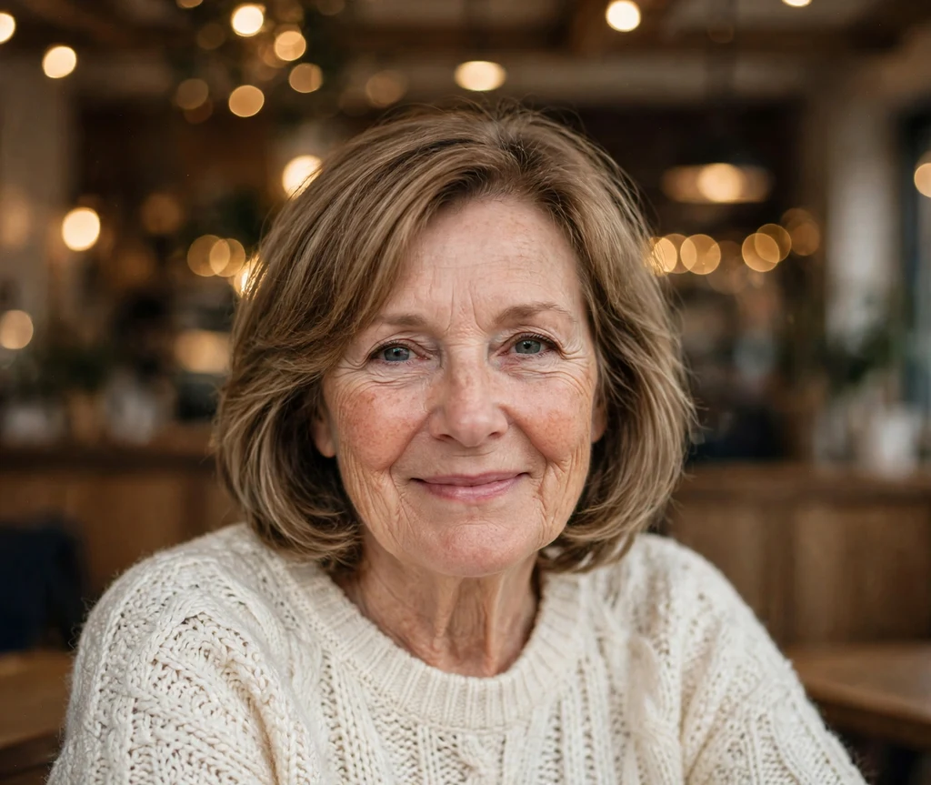 Woman in her 60s with a light brown face-framing layered bob in a cozy cafe