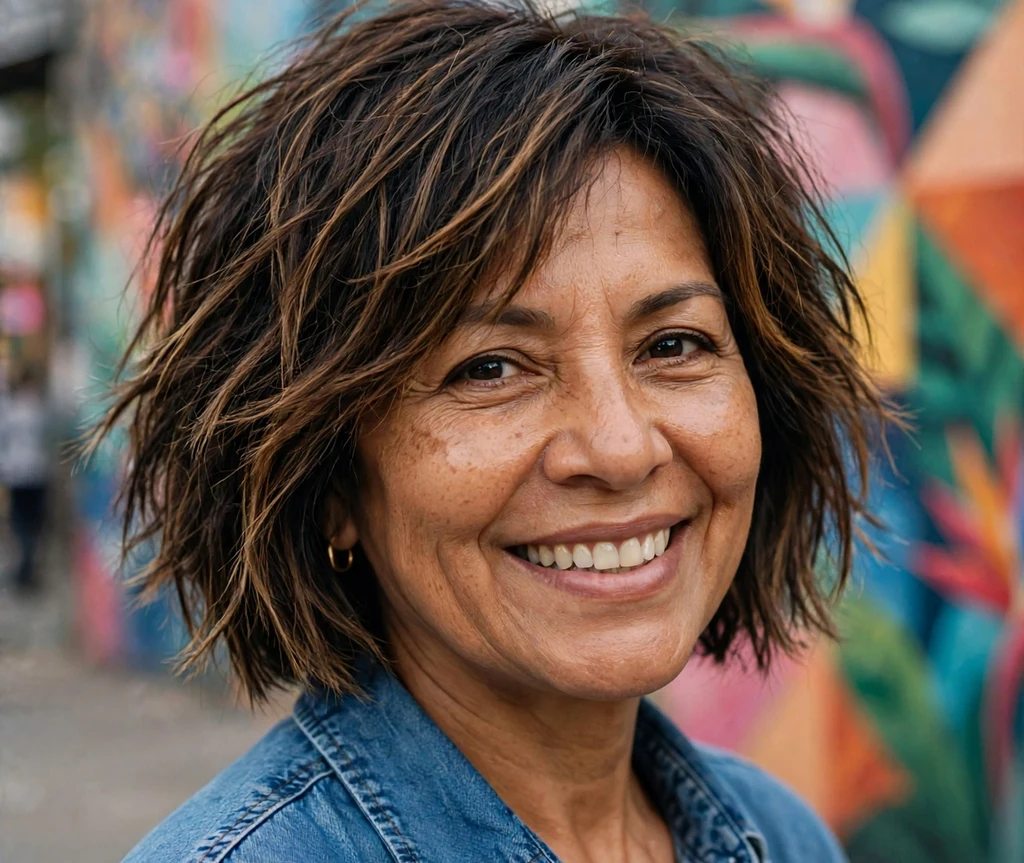 Woman in her 50s with a dark choppy textured bob with highlights in front of a mural wall