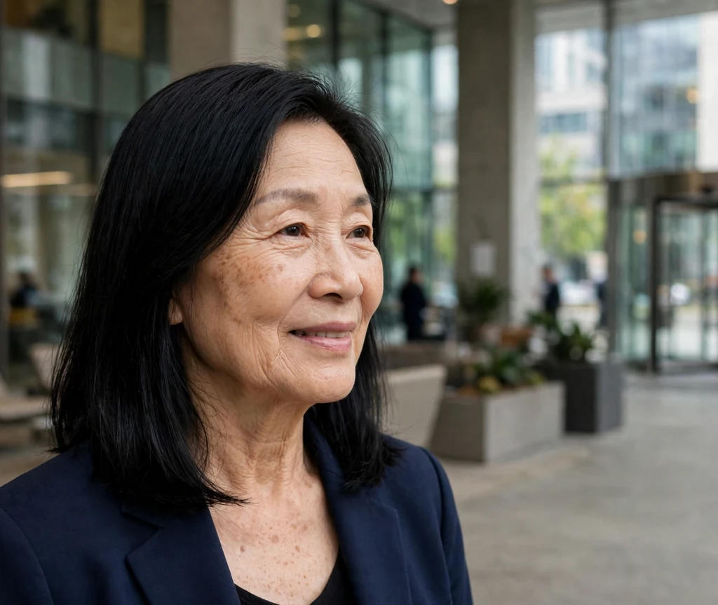 Woman in her 50s with a glossy black shoulder-length lob in an office lobby