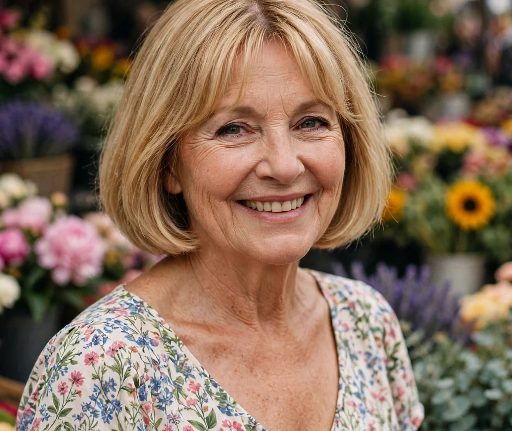 Woman in her 50s with a honey blonde bob and curtain bangs at a flower market