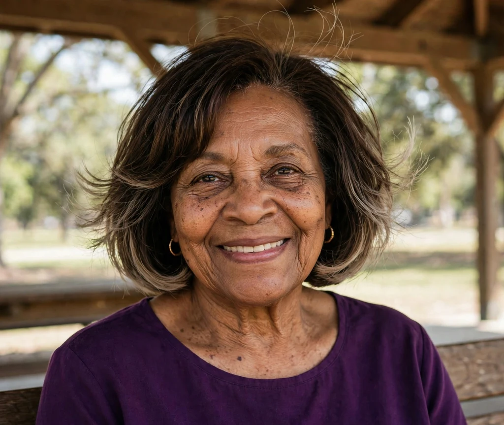 Woman in her 60s with a feathered dark brown bob under a park pavilion
