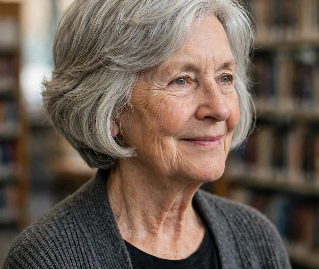 Woman in her 60s with a silver stacked nape bob in a library