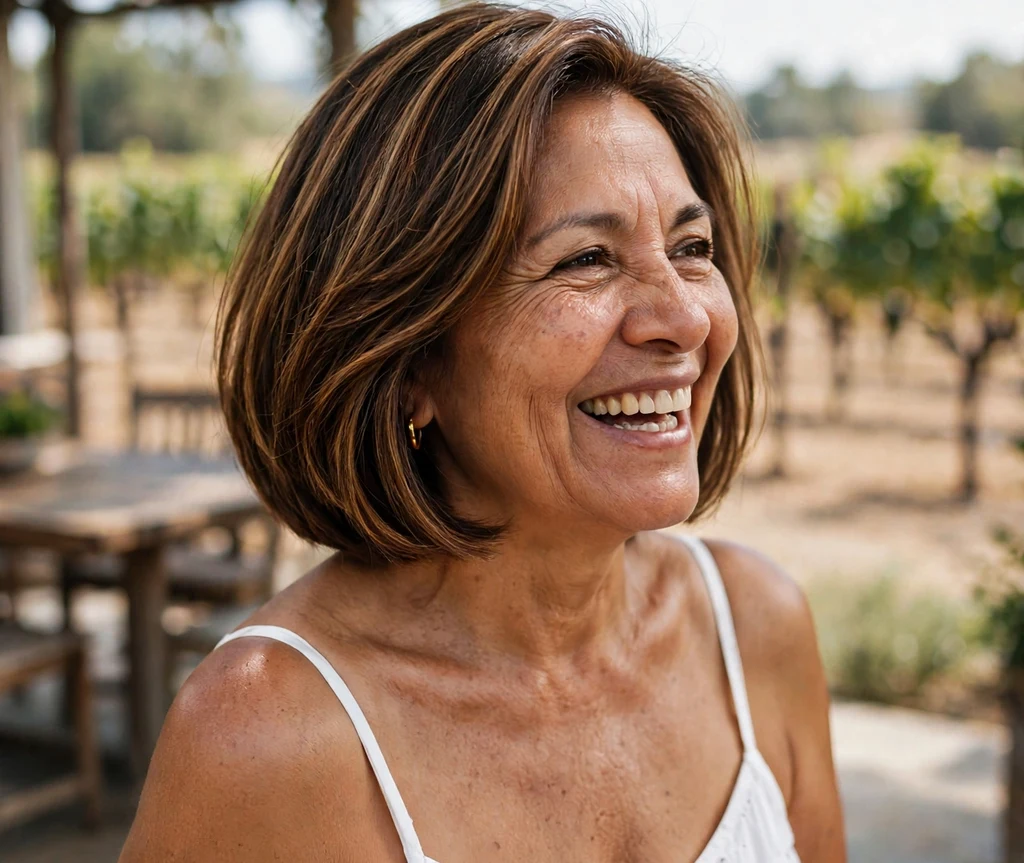 Woman in her 50s with a caramel-highlighted brown bob on a vineyard patio
