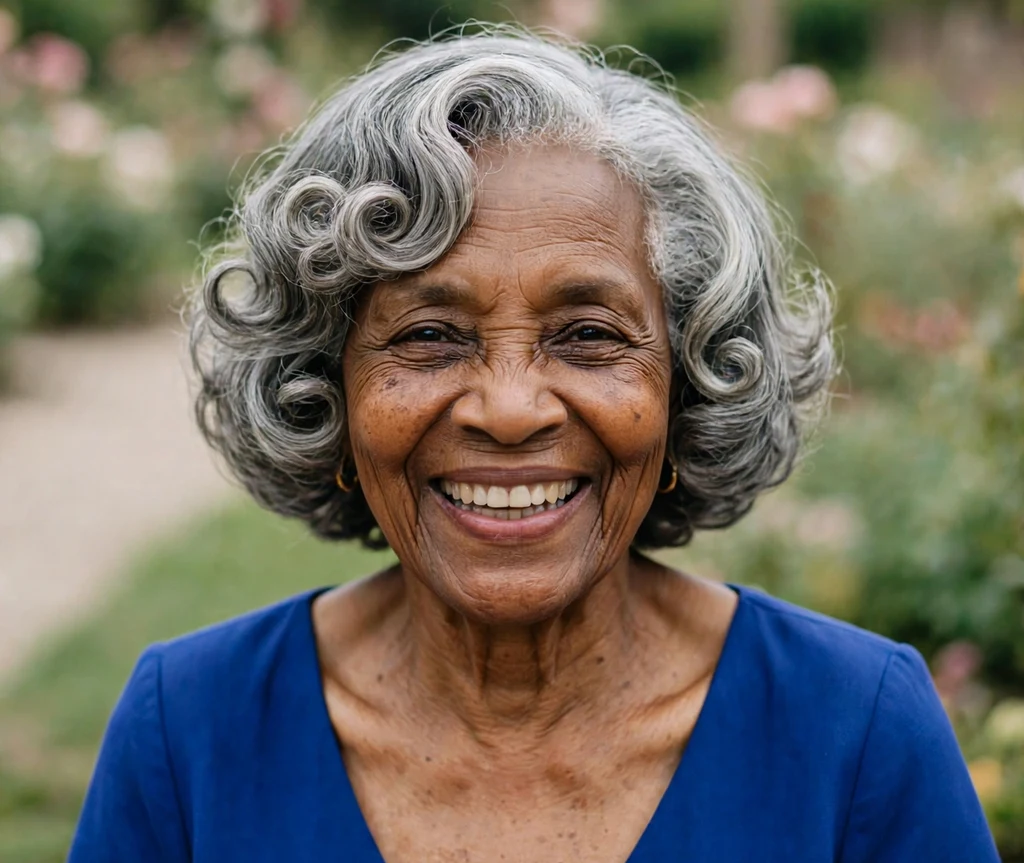 Woman in her 60s with a gray soft ringlet bob in a wedding venue garden
