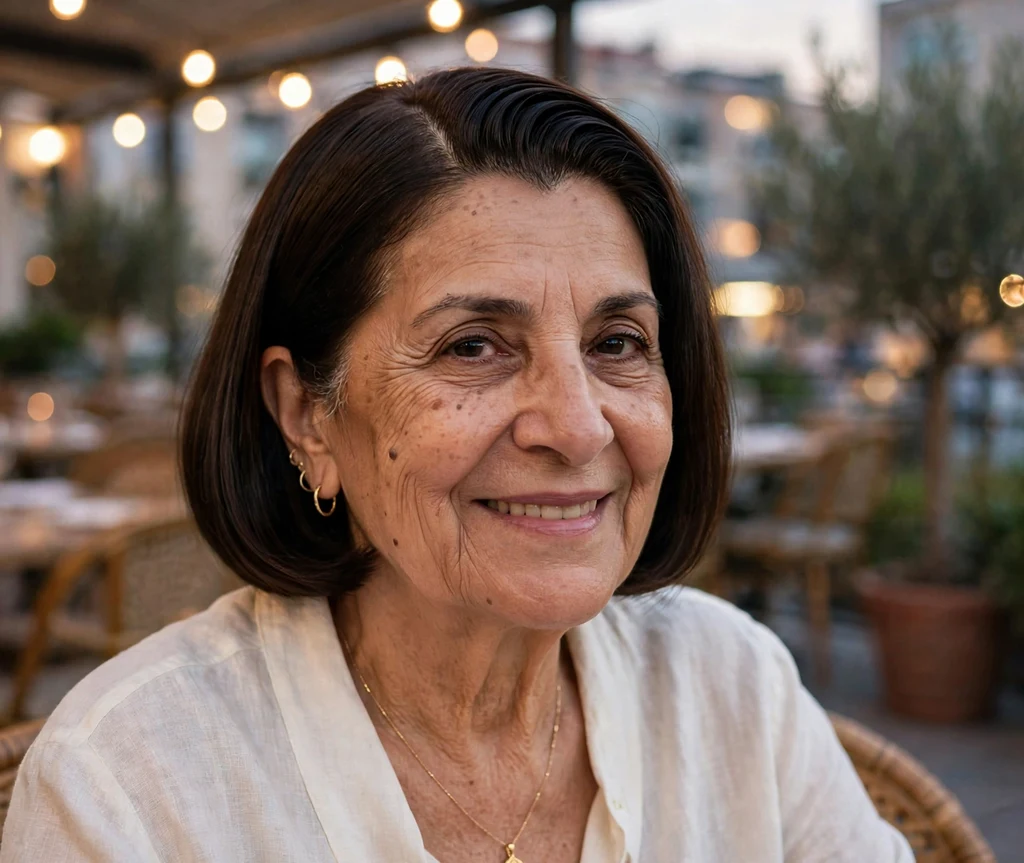 Woman in her 50s with a dark brown bob styled with a deep side part on a restaurant terrace
