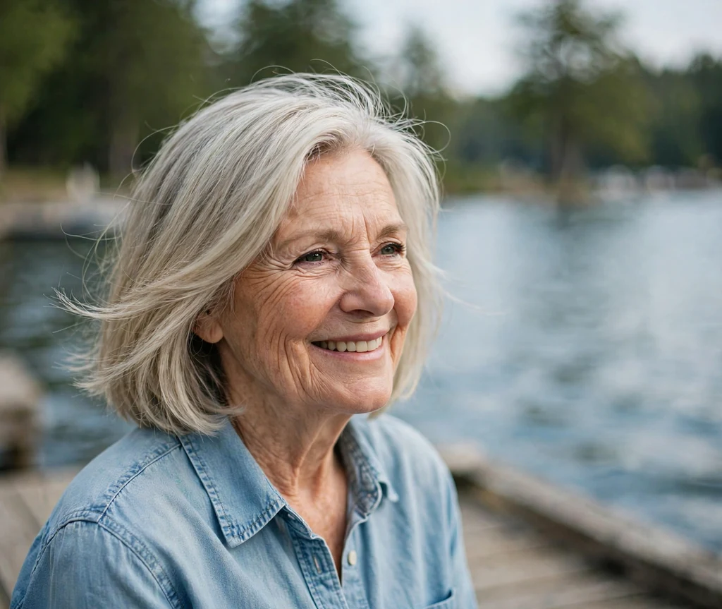 Woman in her 60s with an ash blonde collarbone-skimming bob on a lakeside dock
