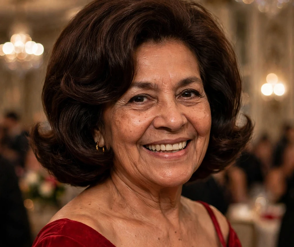 Woman in her 60s with a voluminous dark brown blowout bob in an elegant event hall