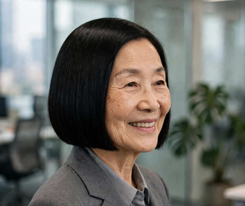 Woman in her 50s with a pin-straight jet black sleek bob in a corporate office