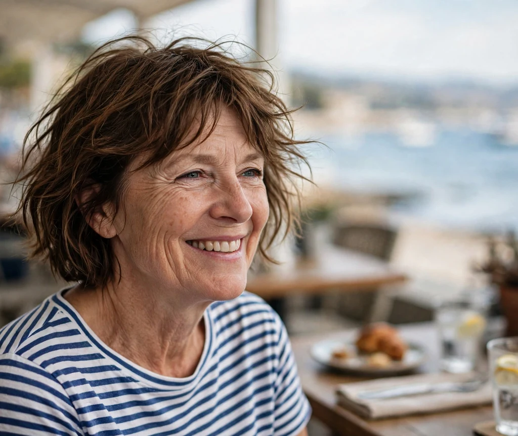 Woman in her 50s with a tousled chestnut brown bob at a seaside cafe