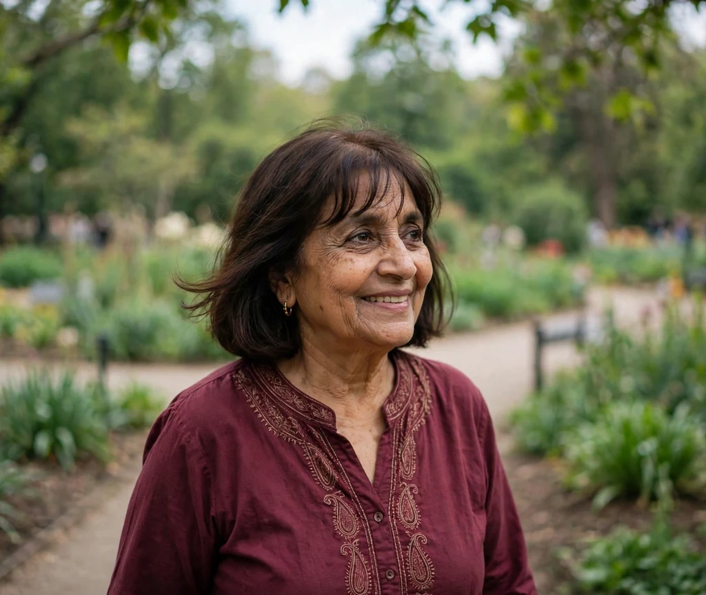 Woman in her 50s with a dark brown bob and soft wispy bangs in a botanical park