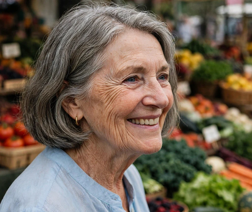 Woman in her 70s with a salt-and-pepper chin-length bob at a farmers market