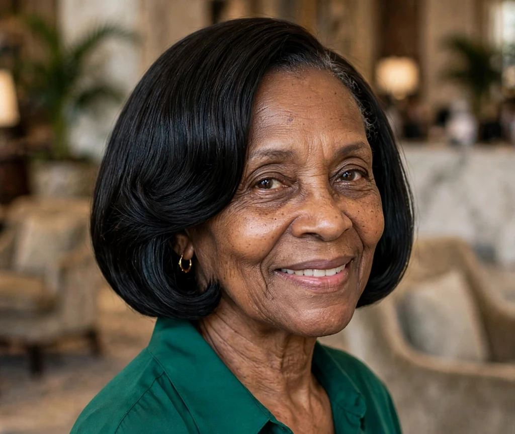 Woman in her 60s with a polished glossy black round-brush bob in a hotel lobby