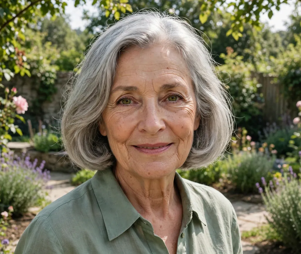 Elegant chin-length bob on a woman over 60 with fine silver-gray hair
