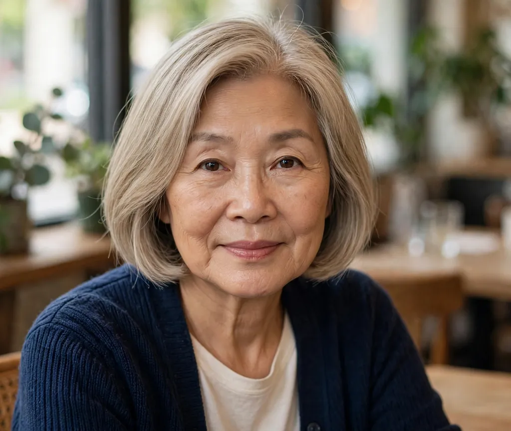 Classic chin-length bob with deep side part on fine ash-blonde hair
