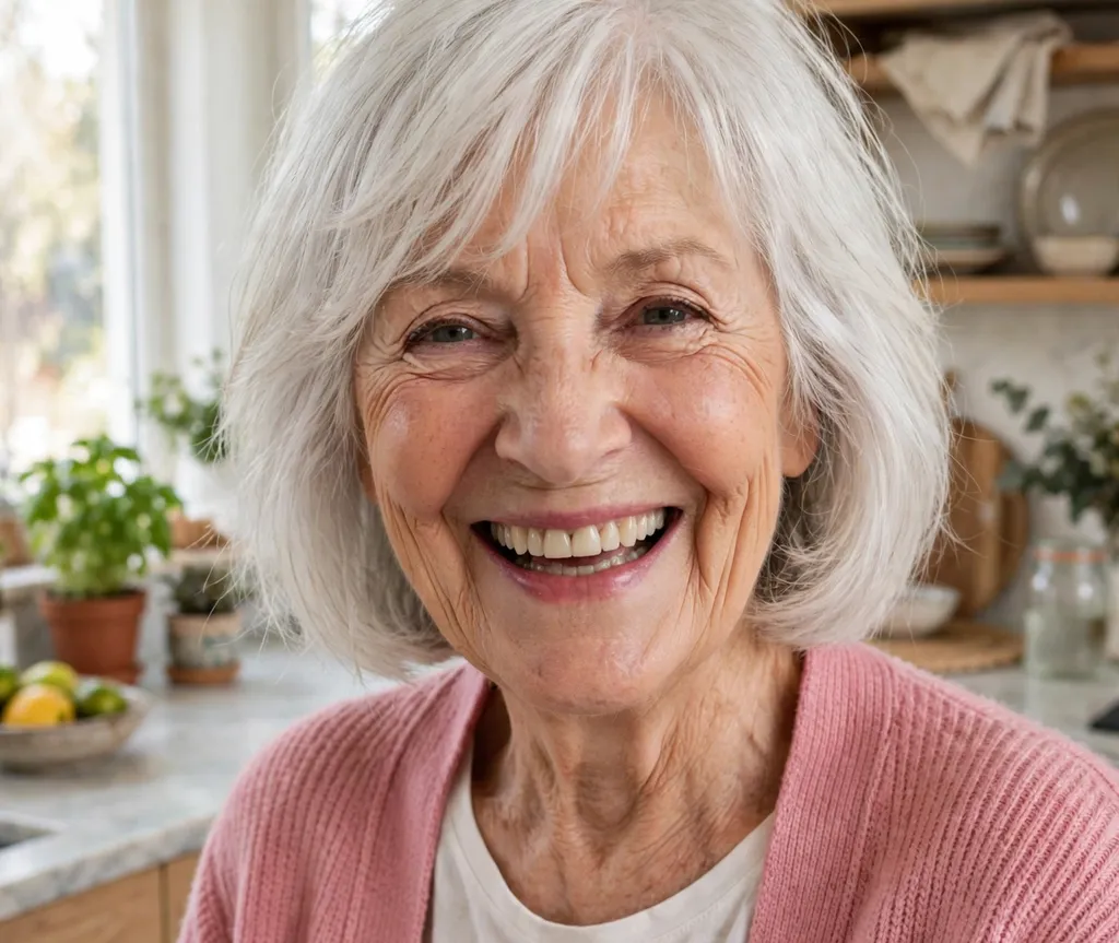 Swingy bob with soft layers on fine white hair