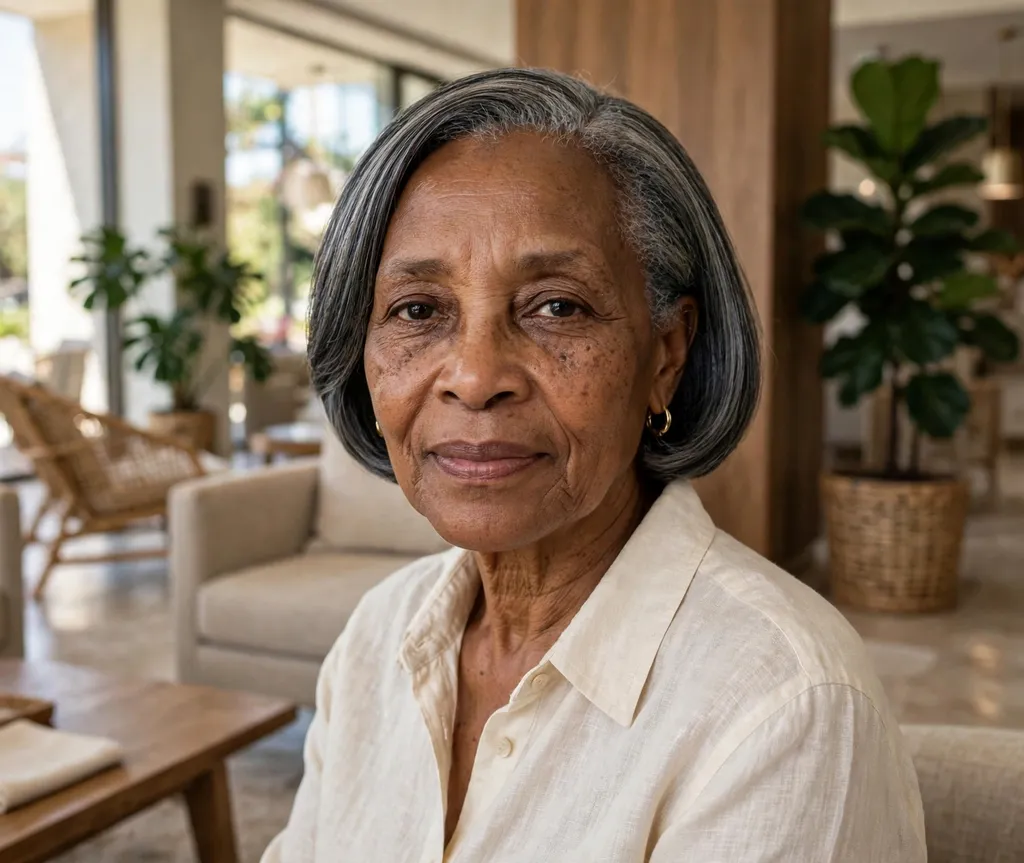 Sleek jaw-length bob on fine charcoal-gray hair