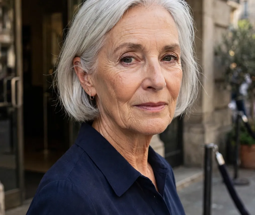 Bob tucked behind the ear on fine silver-white hair