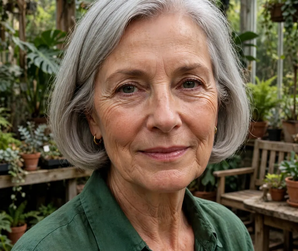 Smooth side-part bob on fine light gray hair