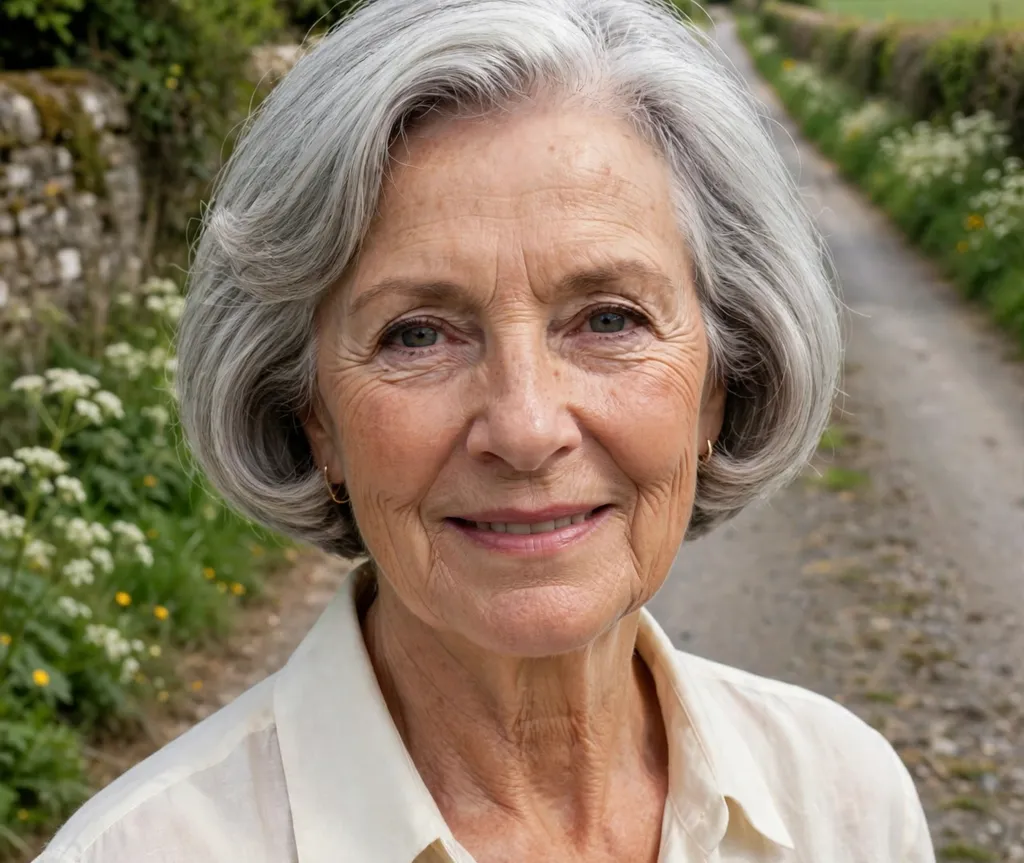 Polished rounded bob on fine pearl-gray hair
