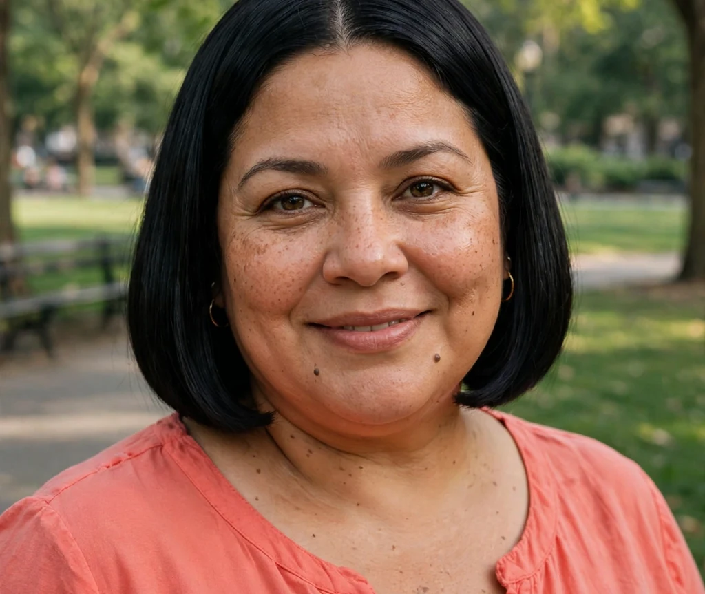 Plus-size Latina woman with a glossy jet-black chin-length bob and coral top in a park
