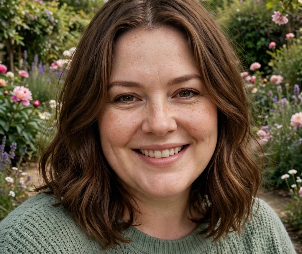 Plus-size woman with a chestnut layered long bob and sage green sweater in a garden