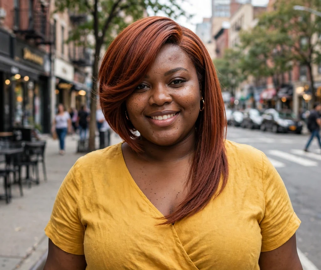 Plus-size Black woman with an auburn asymmetrical bob and mustard yellow dress on a city street