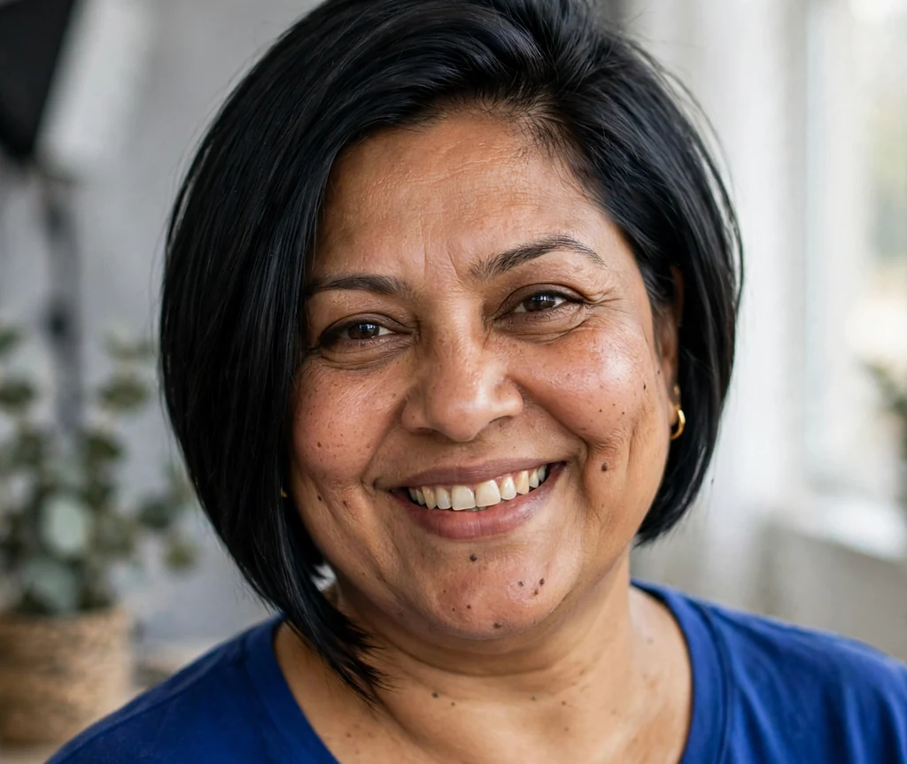 Plus-size South Asian woman with a jet-black angled bob with crown volume and royal blue top
