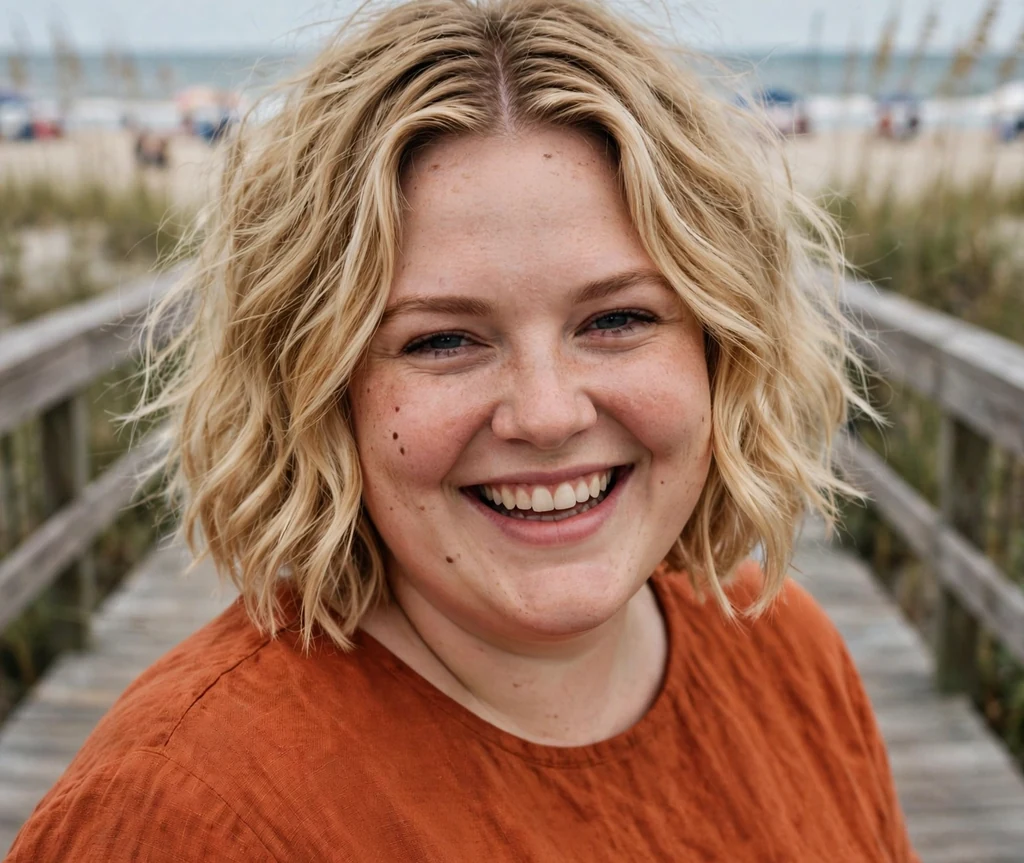 Plus-size woman with a honey blonde textured wavy bob and rust-orange top on a boardwalk