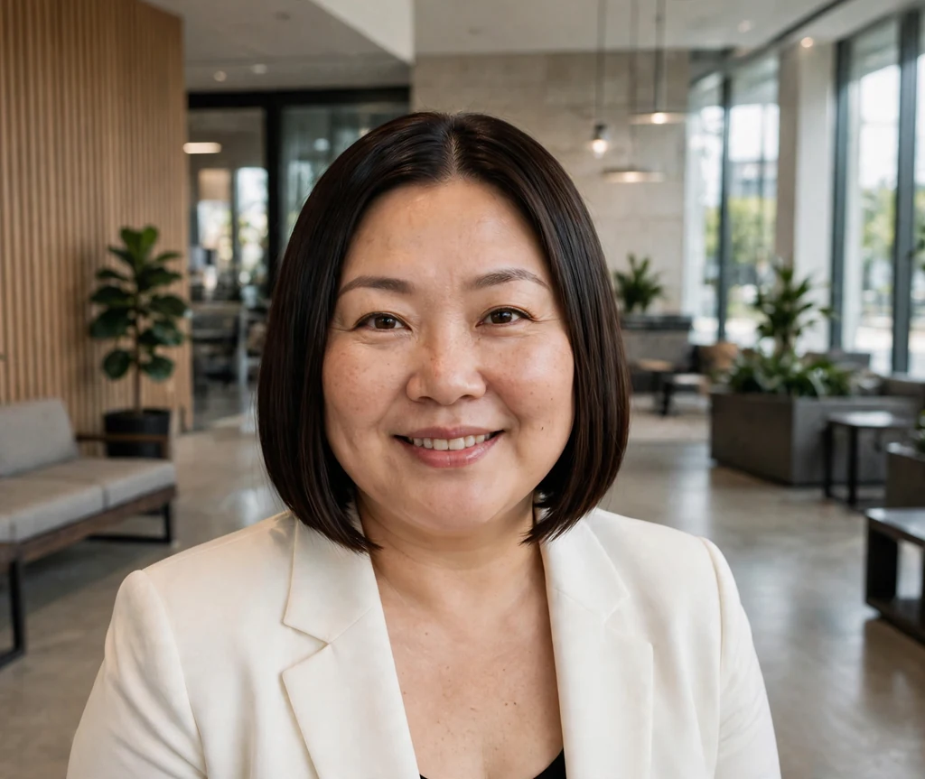 Plus-size East Asian woman with a sleek dark brown straight bob and ivory blazer in an office