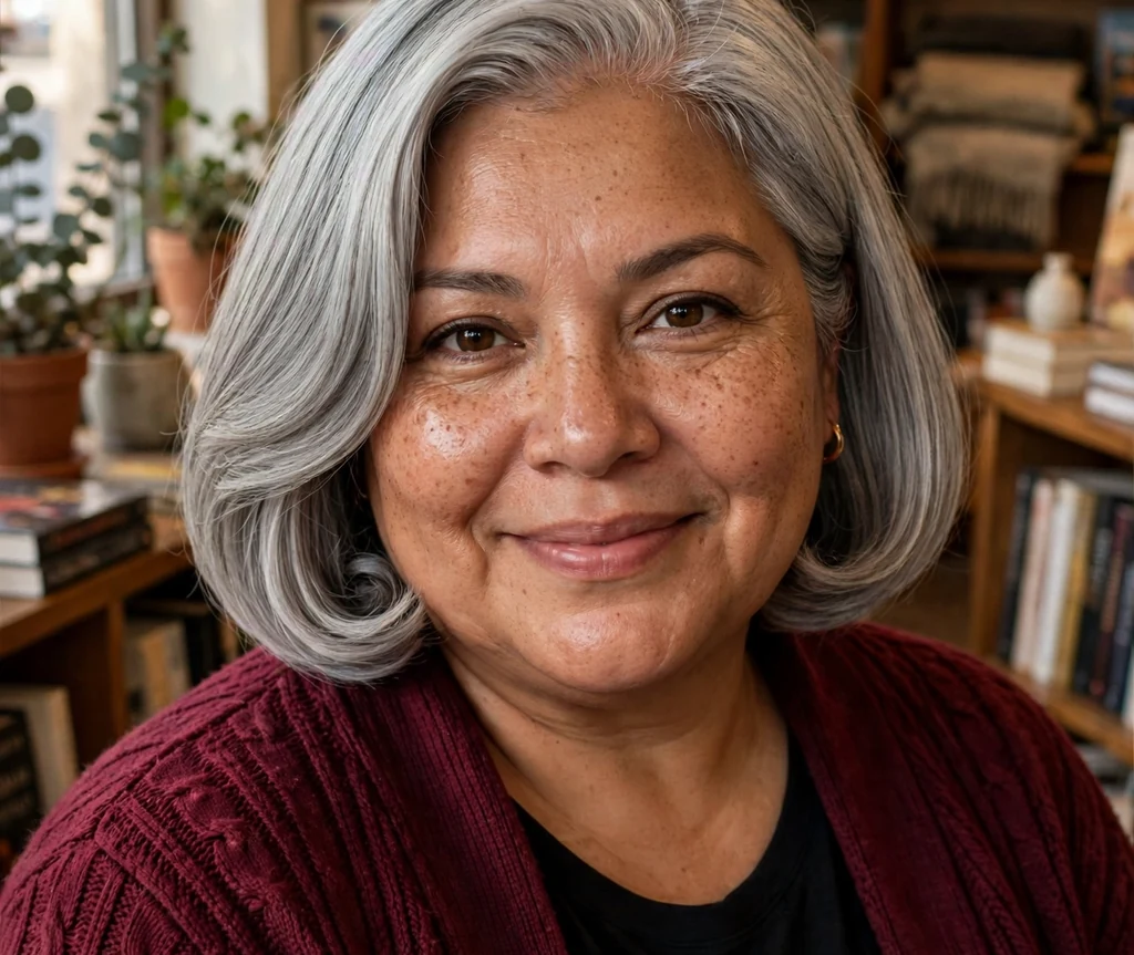 Plus-size Latina woman with a silver-gray side-parted bob and burgundy cardigan in a bookstore