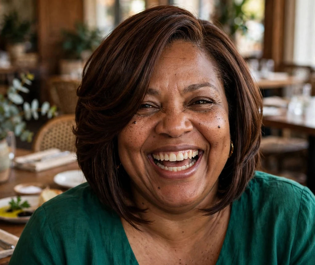 Plus-size Black woman with a chocolate brown inverted bob and emerald green top at a restaurant