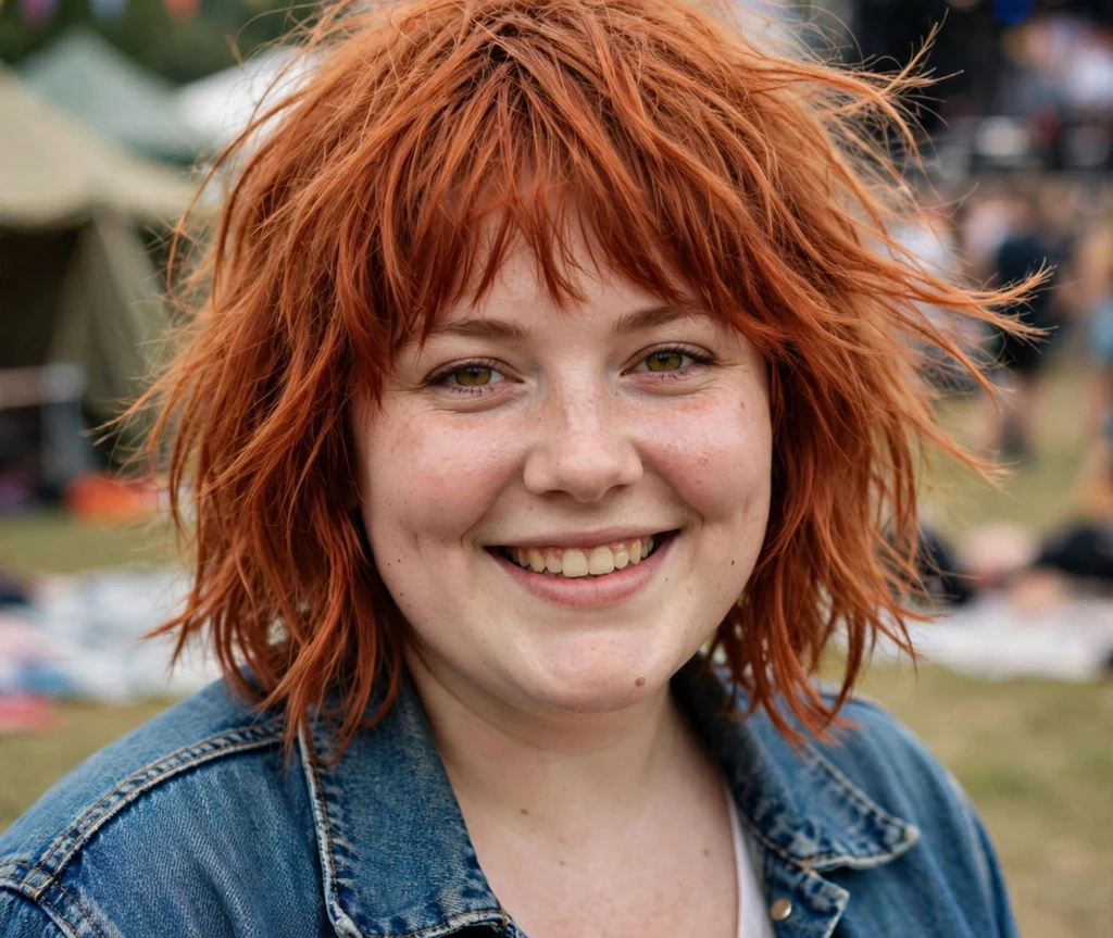 Plus-size woman with a copper red shaggy bob and denim jacket at a music festival