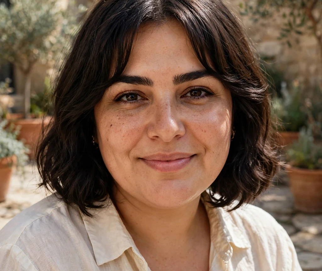 Plus-size Middle Eastern woman with a dark brown bob with curtain bangs and cream blouse in a courtyard