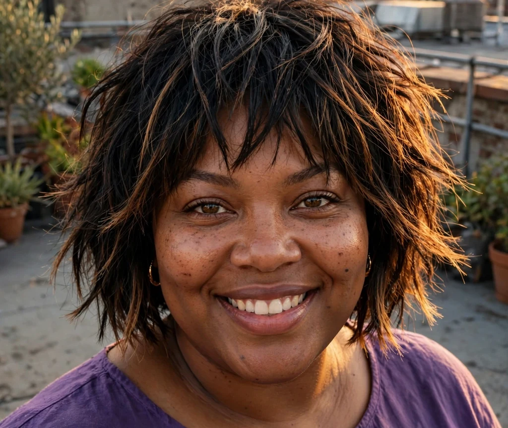 Plus-size Black woman with a choppy black bob with caramel highlights and purple top on a rooftop