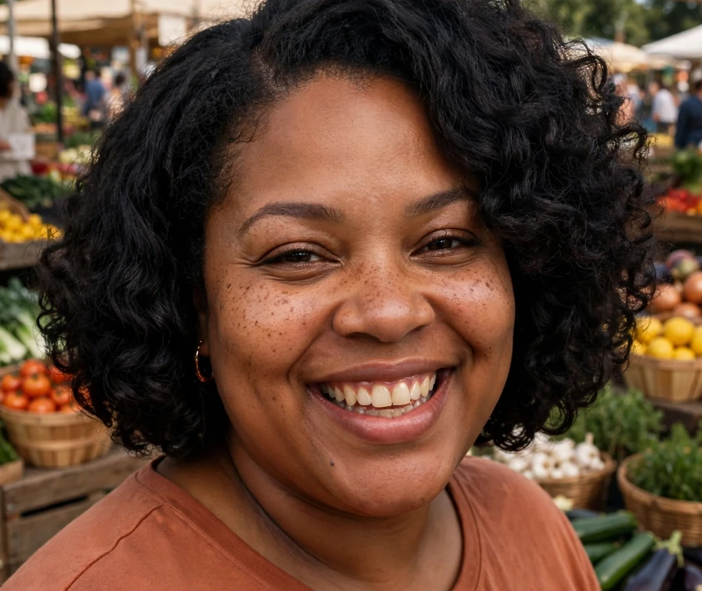 Plus-size Black woman with a voluminous curly black bob and terracotta top at a farmers market