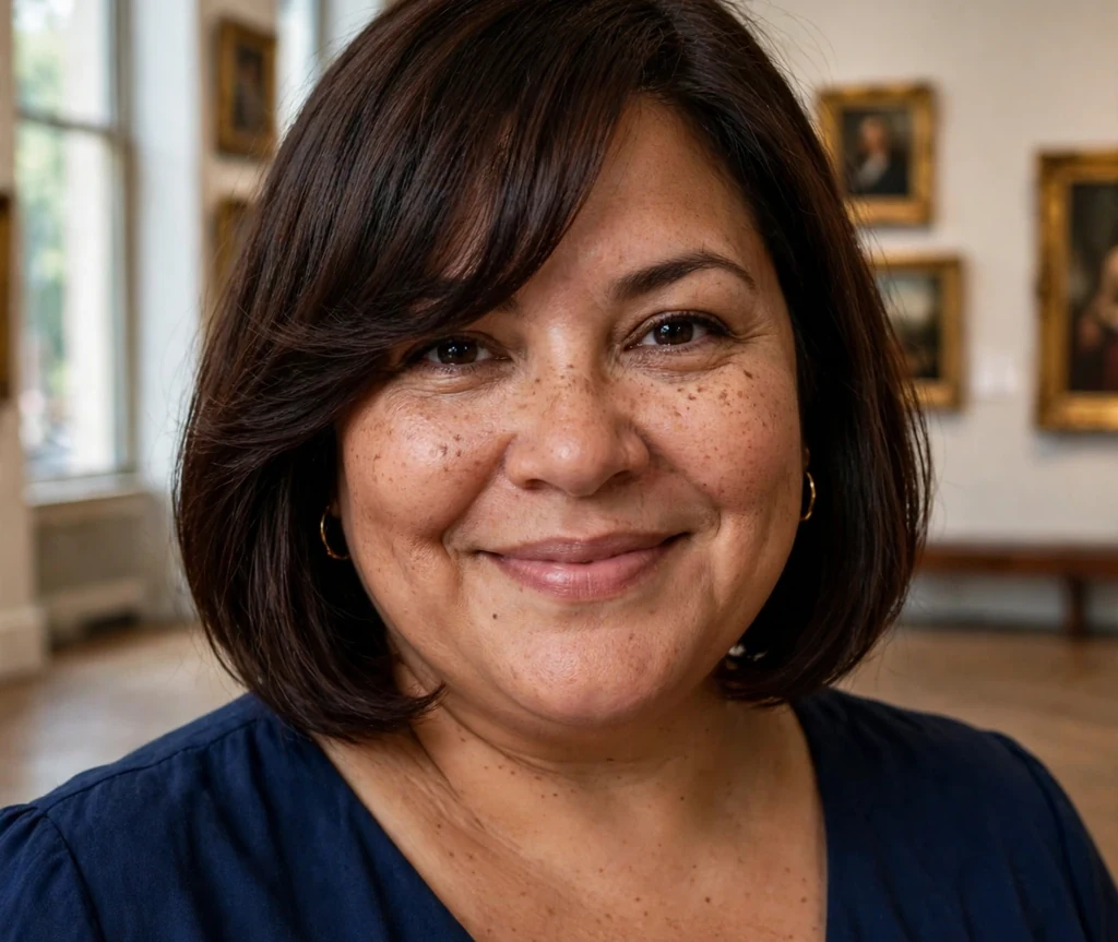 Plus-size Latina woman with a chocolate brown bob with side-swept bangs and navy dress in a museum