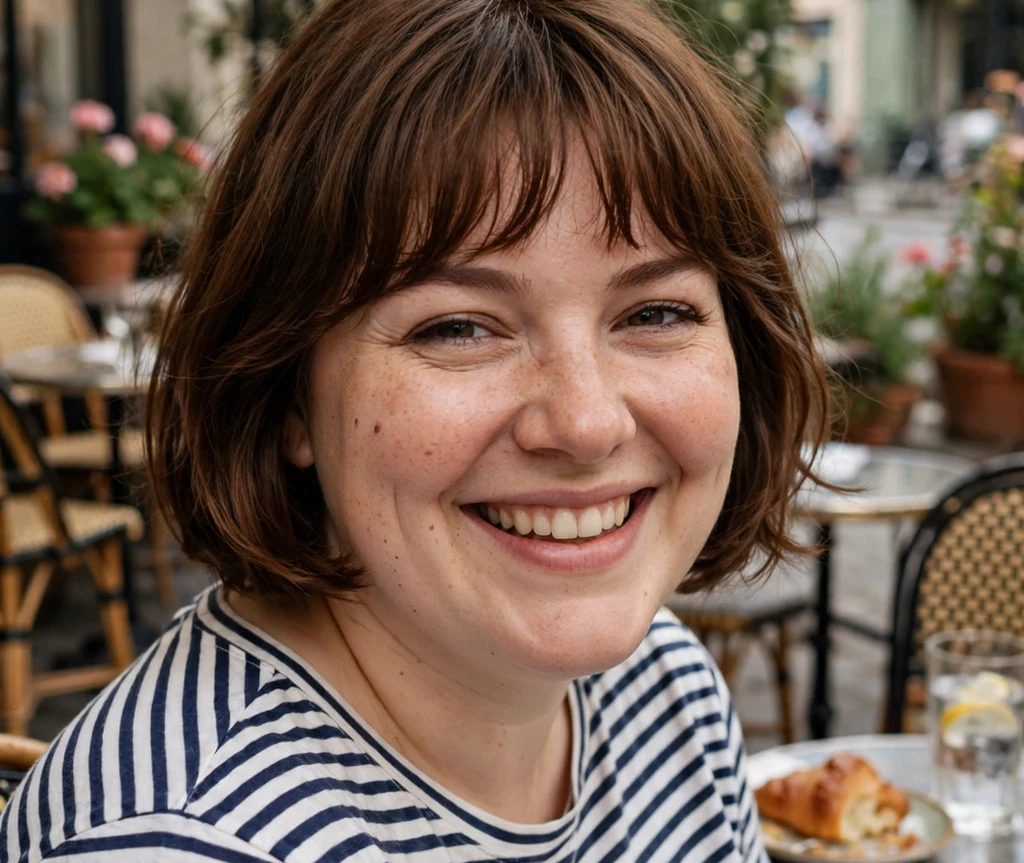Plus-size woman with a chestnut French bob with wispy fringe and striped Breton top at a café
