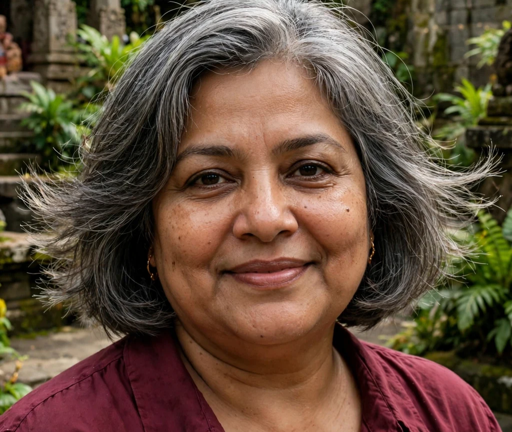 Plus-size South Asian woman with a salt-and-pepper feathered bob and maroon blouse in a garden