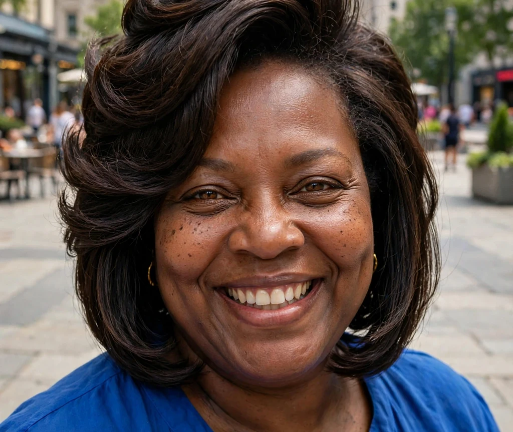 Plus-size Black woman with a dark brown stacked bob and cobalt blue top in a city plaza
