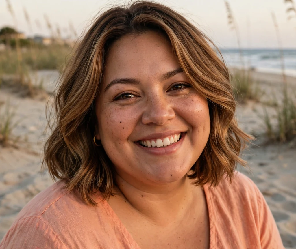 Plus-size Latina woman with a caramel face-framing layered bob and peach top on the beach