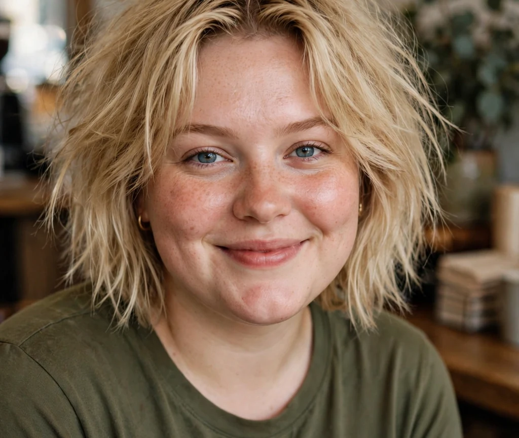 Plus-size woman with a dirty blonde tousled bob and olive green t-shirt in a coffee shop