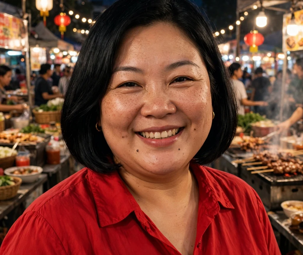 Plus-size East Asian woman with a black A-line bob and red blouse at a night market