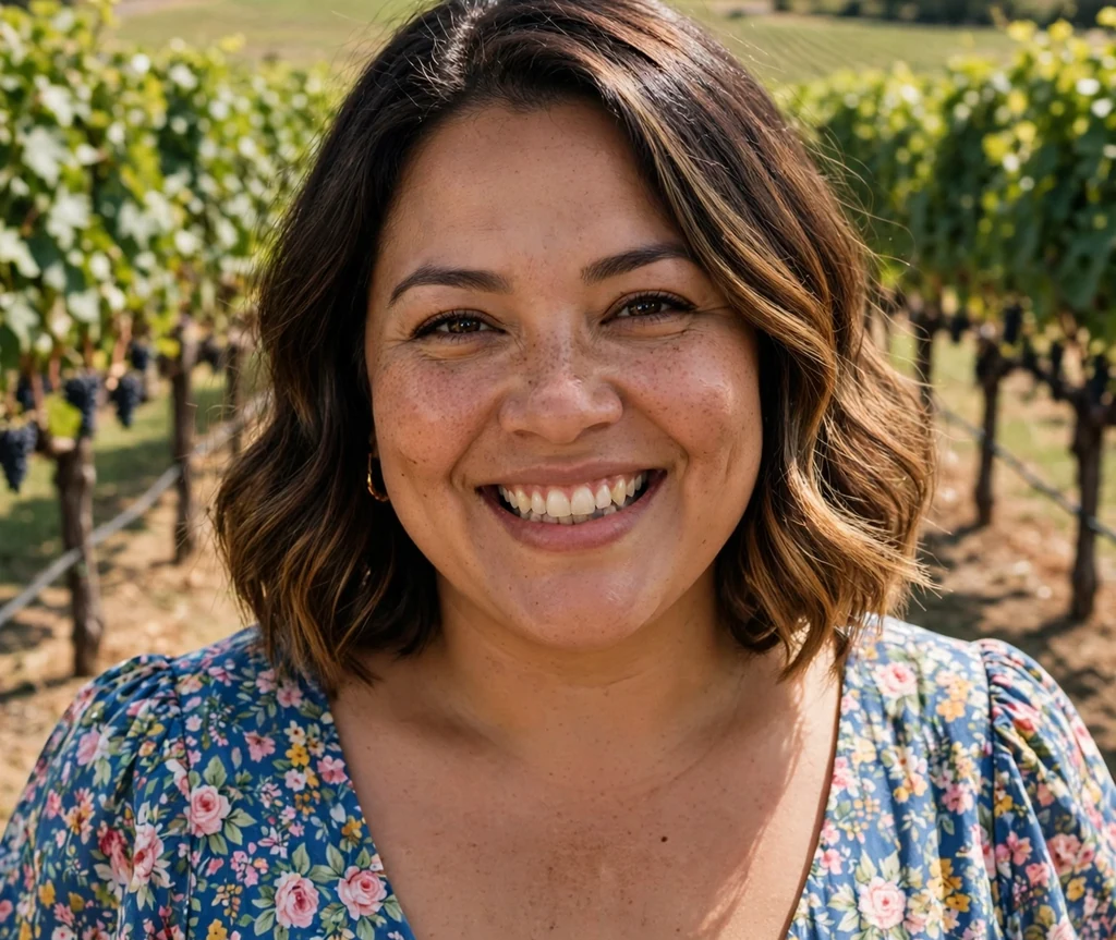 Plus-size Latina woman with a dark brown balayage bob and floral dress in a vineyard