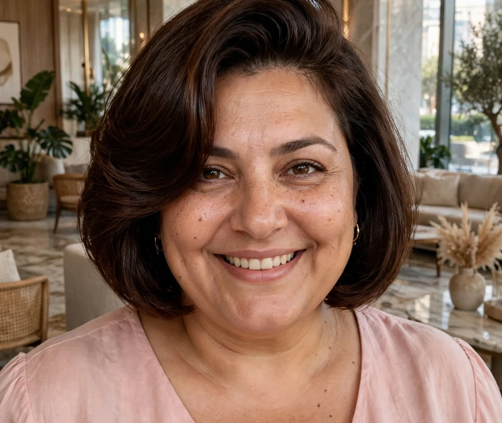 Plus-size Middle Eastern woman with an espresso deep side-part bob and blush pink top in a hotel lobby