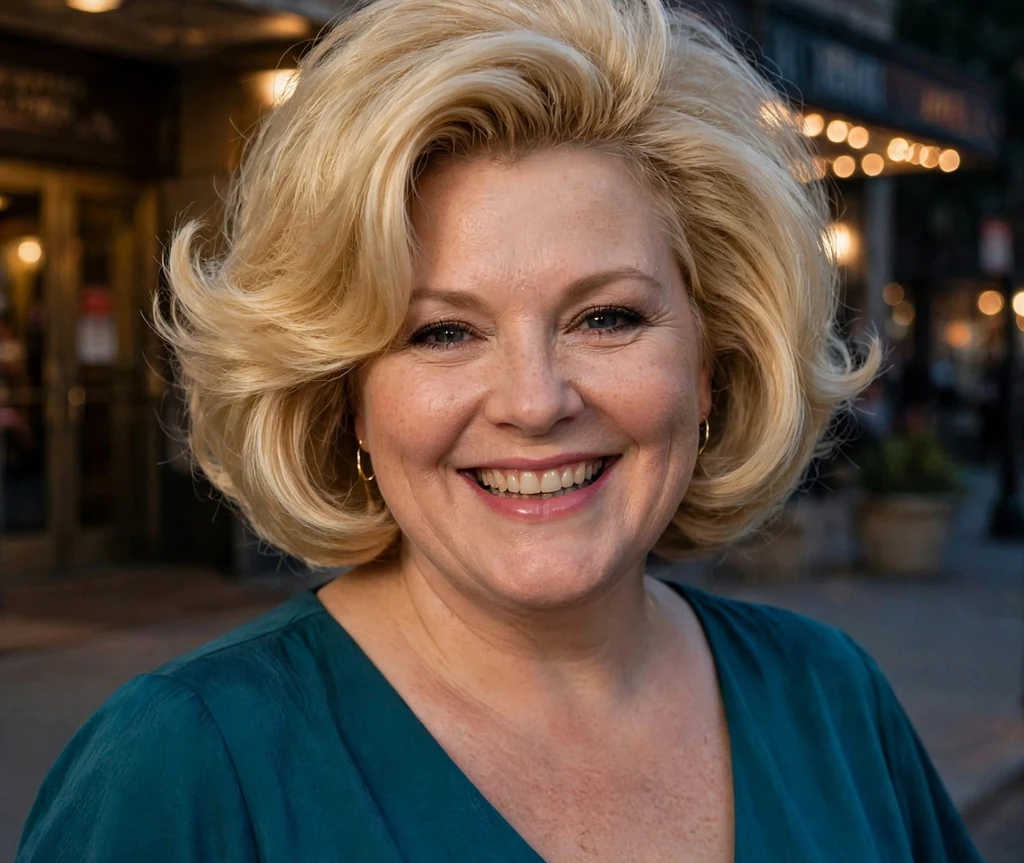 Plus-size woman with a golden blonde voluminous blowout bob and teal dress at a theater