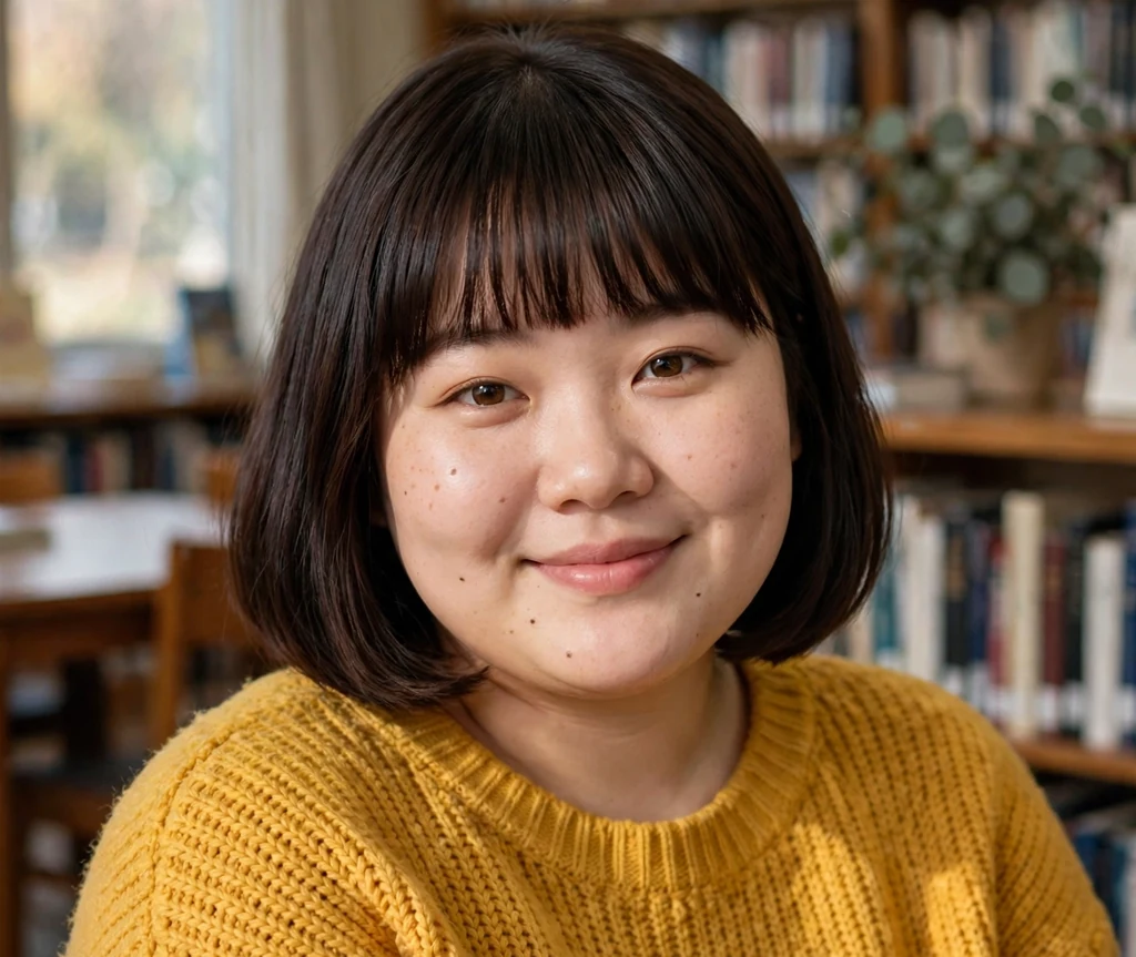 Plus-size East Asian woman with a dark brown bob with full fringe and mustard yellow sweater in a library
