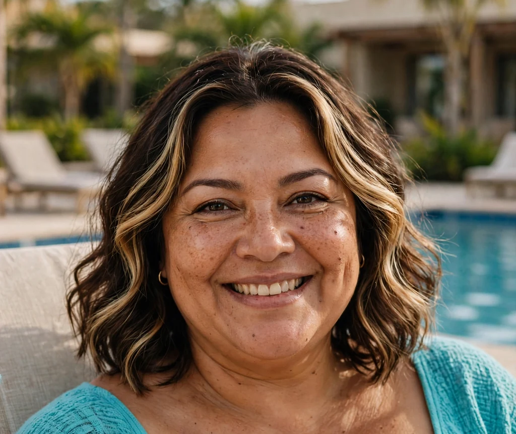 Plus-size Latina woman with a dark brown wavy lob with blonde highlights and turquoise top poolside